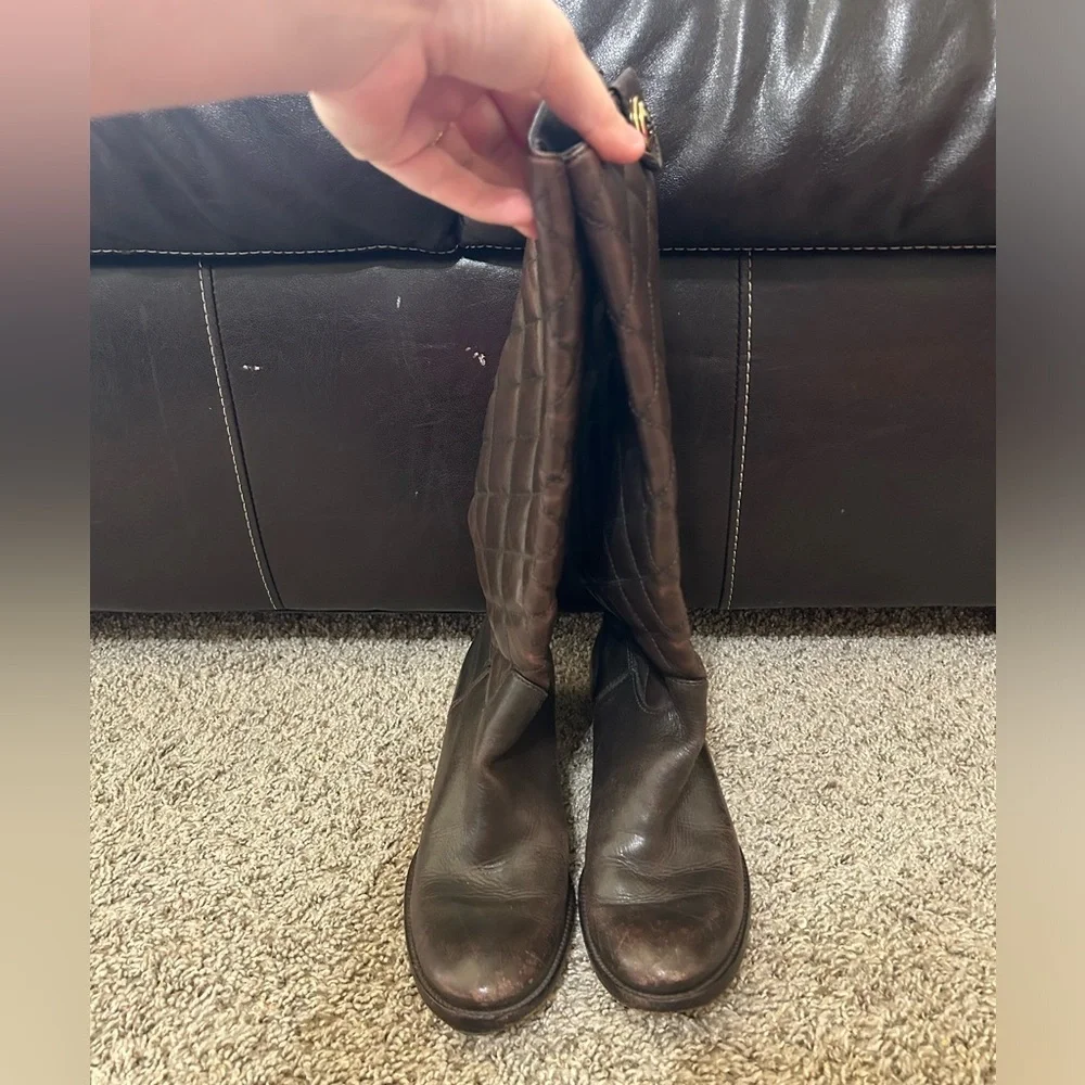 Tory Burch Quilted Pattern Leather Riding Boots Women's Size 6.5 Brown Tall Fall